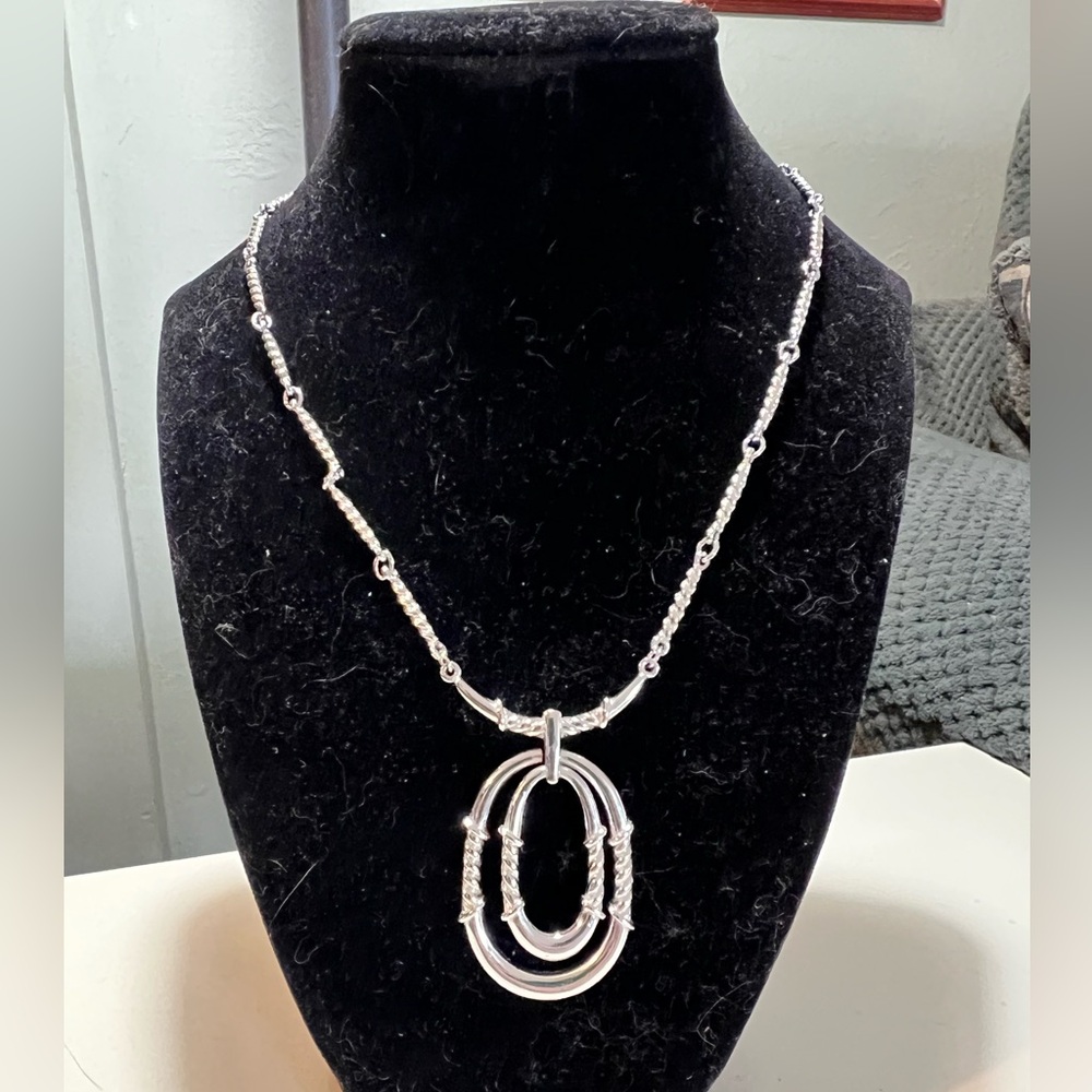Crown Trafari vintage silver tone necklace 18”. Has two hoops on stationed chain